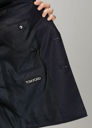 Tom Ford Siyah Çizgi Desenli Yün Kruvaze Ceket - 8