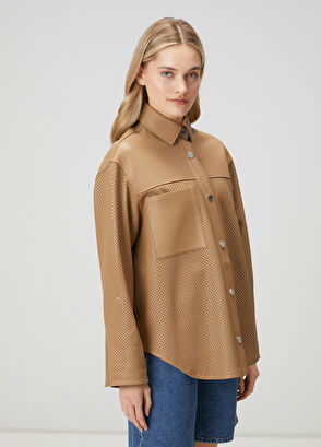 Beymen Club Koyu Bej Perfore Detaylı Deri Ceket - 6