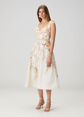 Beyaz Çiçekli Midi Keten Elbise - Görsel 4