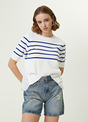 Beymen Club Beyaz Çizgili Eteği Delikli Garnili Kısa Kol Kazak - 4