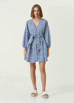 Beymen Club Blue V-Neck Striped Mini Dress - 3