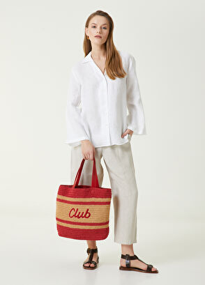 Beymen Club Beige Red Raffia Shopping Bag - 3