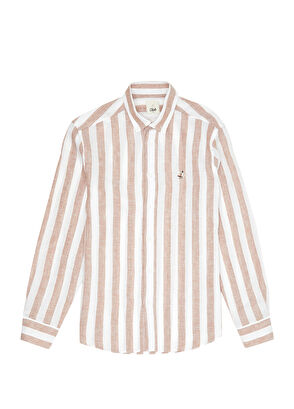 Beymen Club Comfort Fit Bej Dikey Çizgi Desenli Keten Gömlek - 8