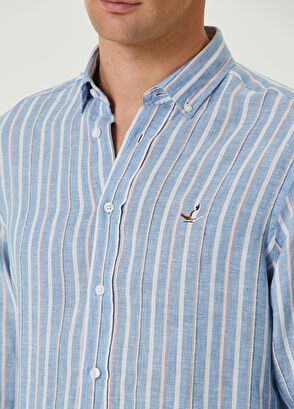 Beymen Club Comfort Fit Mavi Çizgi Desenli Keten Gömlek - 6