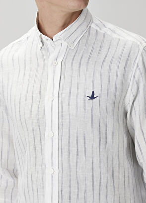 Beymen Club Comfort Fit White Line Patterned Linen Shirt - 7
