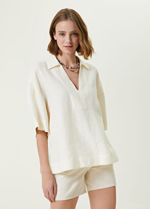 Beymen Club Ekru Gömlek Yaka Kuş Nakışlı Keten Bluz - 4