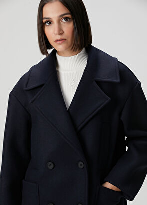 Oversize Lacivert Yün Kaşe Kaban - Görsel 6