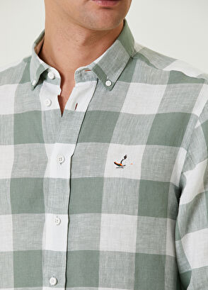 Beymen Club Comfort Fit Açık Haki Ekose Desenli Keten Gömlek - 6