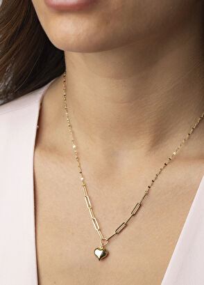 Safir Mücevher Lovely Ataç Çift Zincir Kalp 14 Ayar Altın Kadın Kolye - 6