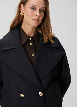 Lacivert Kruvaze Yün Kaban - Görsel 8