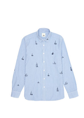 Beymen Club Slim Fit Blue Striped Embroidery Pattern Shirt - 8