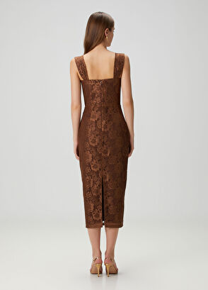 Kahverengi Midi Dantel Kokteyl Elbise - Görsel 6