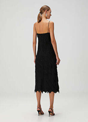 Siyah İşlemeli Midi İpek Kokteyl Elbise - Görsel 6