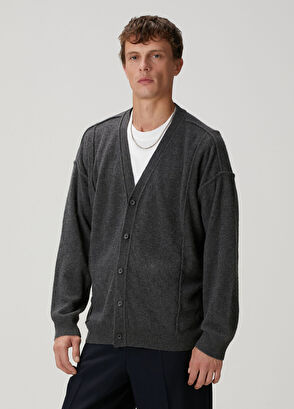 Antrasit Dekoratif Dikiş Detaylı Yün Triko Hırka - Görsel 5