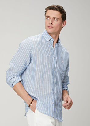 Beymen Club Comfort Fit Blue Stripe Patterned Linen Shirt - 5