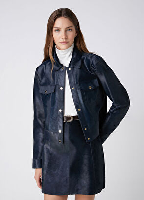 Beymen Club Teal Blue Leather Trucker Jacket - 4