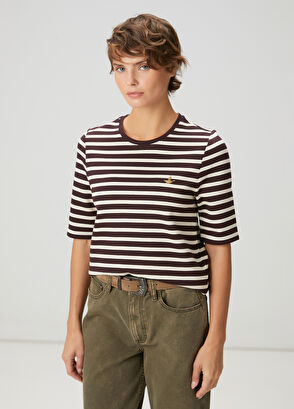 Beymen Club Mürdüm Ekru Çizgili Basic T-shirt - 4