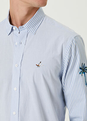 Beymen Club Comfort Fit Blue Striped Sleeves Printed Shirt - 6