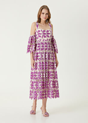Beymen Club Purple Cream Embroidered Midi Dress - 3