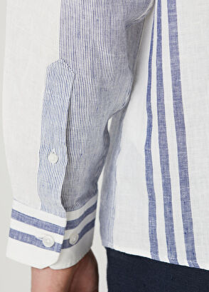Beymen Club Navy Blue White Striped Relax Fit Linen Shirt - 8
