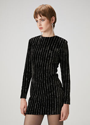 Beymen Club Siyah Çizgili Mini Kadife Kokteyl Elbise - 6