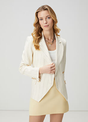 Beymen Club Ekru Çizgili Kruvaze Blazer - 4