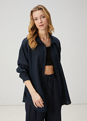 Beymen Club Oversize Navy Blue Linen Shirt - 3