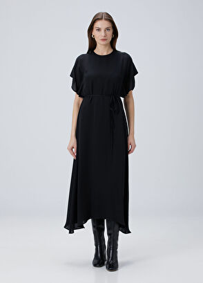 Siyah Beli Bağlamalı Midi İpek Elbise - Görsel 4