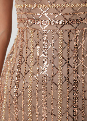 Bronz Payetli Midi Abiye Elbise - Görsel 7