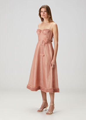 Pembe Midi Keten Elbise - Görsel 4