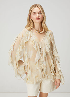 Beymen Club Multicolored Beige Ruffled Chiffon Shirt - 4