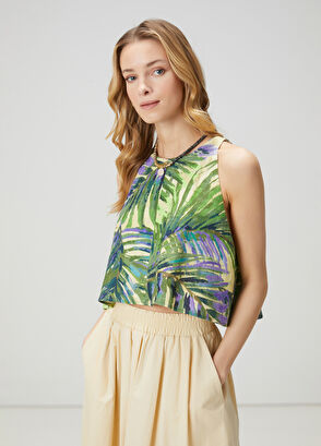 Beymen Club Green Palm Print Linen Top - 4