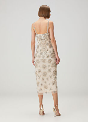 Şampanya İşlemeli Midi Kokteyl Elbise - Görsel 5