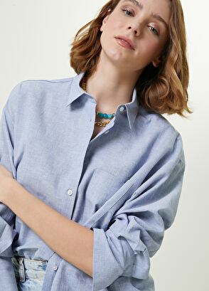 Beymen Club Blue Logo Embroidered Long Linen Shirt - 4