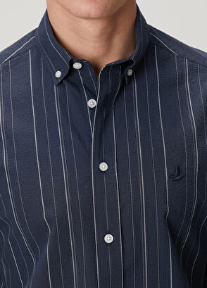 Beymen Club Comfort Fit Lacivert Çizgi Desenli Gofreli Gömlek - 6