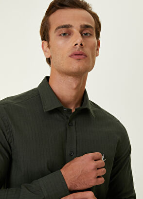 Beymen Club Slim Fit Haki İnce Çizgili Flanel Gömlek - 7