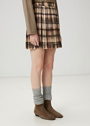 Beymen Club Koyu Bej Desenli Pileli Mini Etek - 4