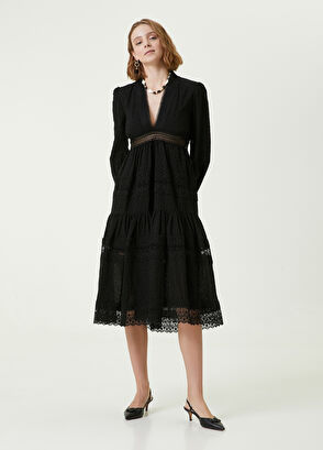 Beymen Club Siyah V Yaka Şerit Dantelli Midi Elbise - 4