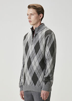 Beymen Club Grey Zipper Diamond Patterned Wool Sweater - 4