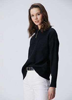 Network Siyah Dik Yaka Fermuarlı Uzun Kol Kazak - 4