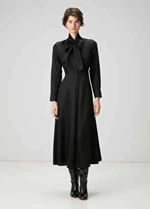 Beymen Club Siyah Logo Jakarlı Midi İpek Elbise - 3