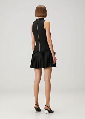 Siyah Kemer Detaylı Pileli Mini Yün Elbise - Görsel 5