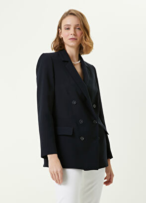 Beymen Club Navy Blue Crepe Long Double-Breasted Blazer - 3