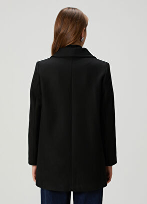 Siyah Kruvaze Yün Kaşe Kaban - Görsel 7