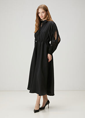 Beymen Club Siyah Nakışlı Midi Gömlek Elbise - 4