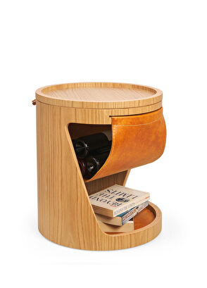 Solano Design Gerçek Deri Detaylı Meşe Roll Yan Sehpa - 4