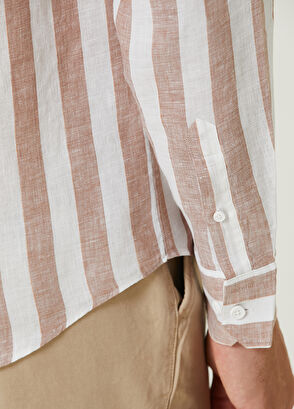 Beymen Club Comfort Fit Bej Dikey Çizgi Desenli Keten Gömlek - 7