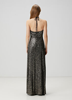 Beymen Club Black Leopard Printed Maxi Velvet Evening Dress - 6