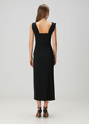 Siyah Düşük Omuzlu Midi Kokteyl Elbise - Görsel 6