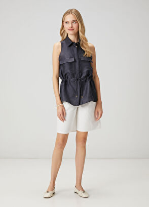 Beymen Club Navy Blue Shiny Linen Vest With Gathered Waist - 3